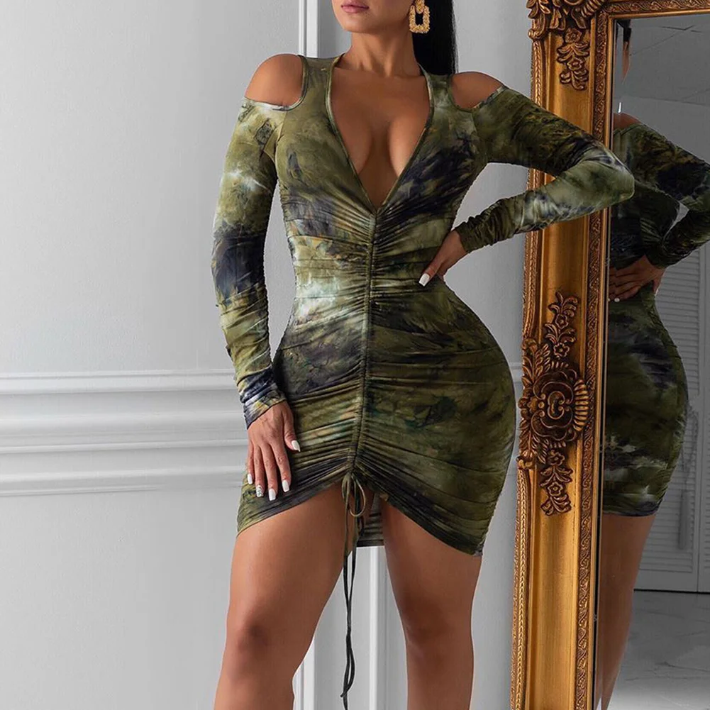 

Bikitique Printed Deep V-Neck Long Sleeve Pleated Off Shoulder Lace Up Party Dress Women Nightclub Sexy Dress Winter Dresses