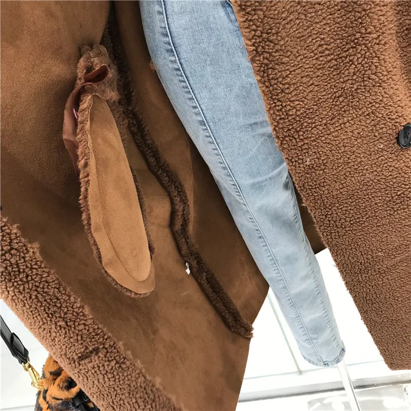 Пальто с плюшевым мишкой, искусственный мех, длинный отложной воротник, двубортный, с широкой талией, толстый теплый мех, высокая уличная одежда, ropa mujer Invierno
