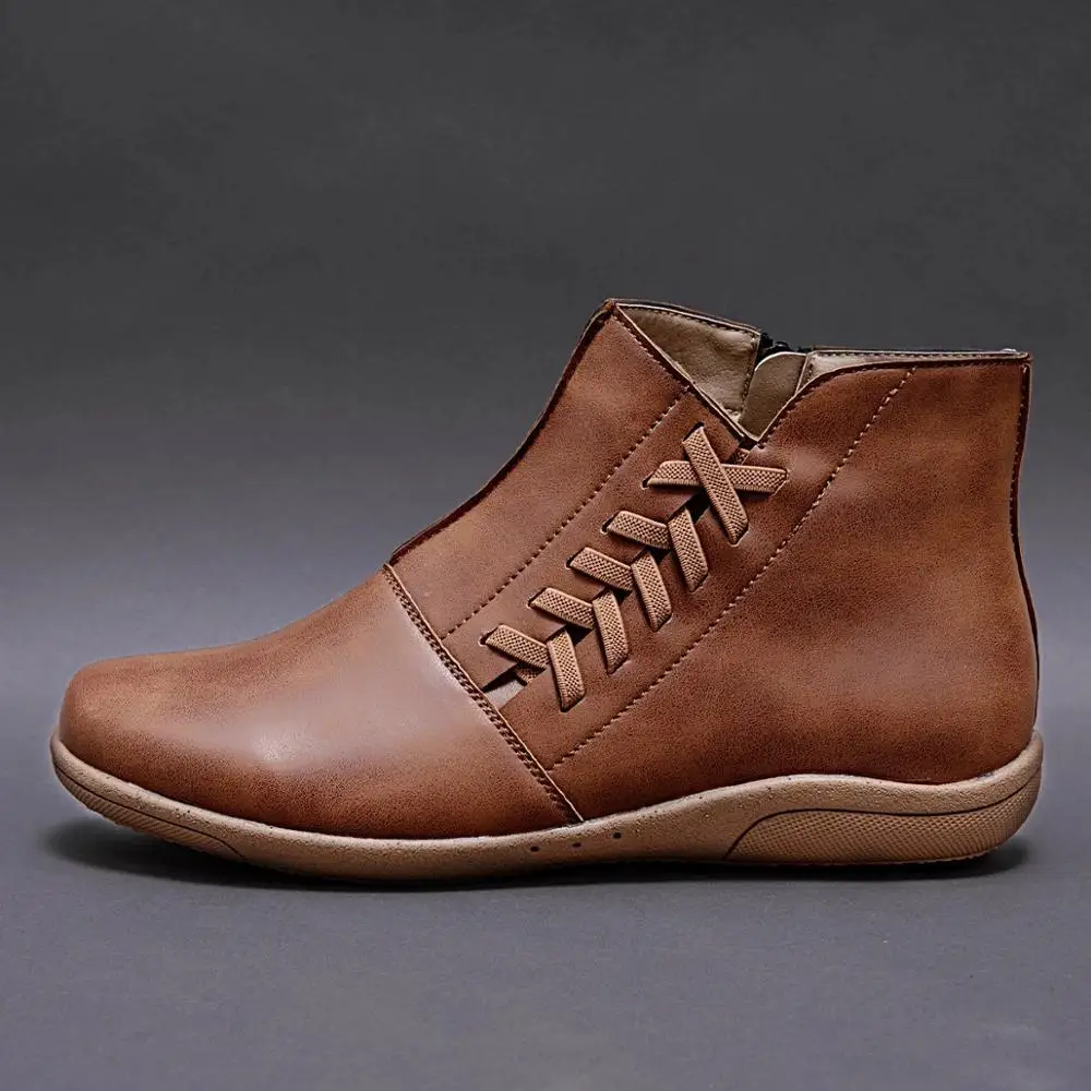 

2020 New Women's Ankle Boots Flats Leather PU Booties Winter Autumn Cross Strappy Boots Woman Shoes Ladies Punk Lace Up 35-43