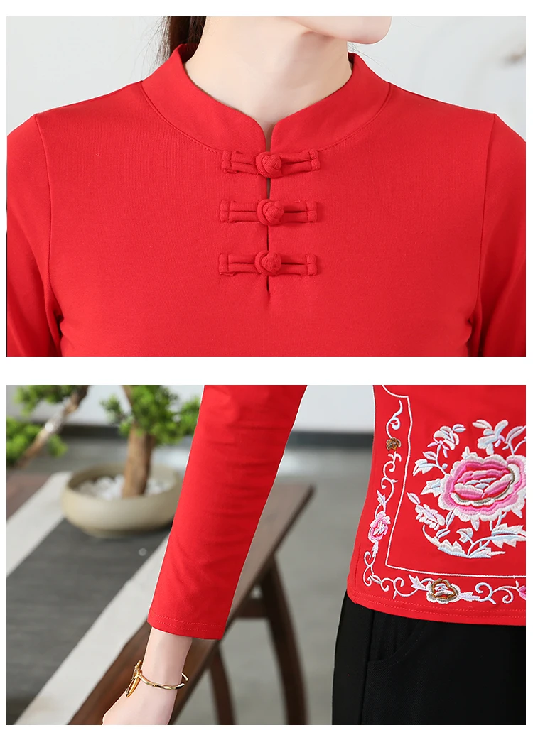 KYQIAO blusa feminina традиционная китайская рубашка Женская Осенняя винтажная Этническая Мандарин Воротник Красный Зеленый Черный Вышивка Блузка