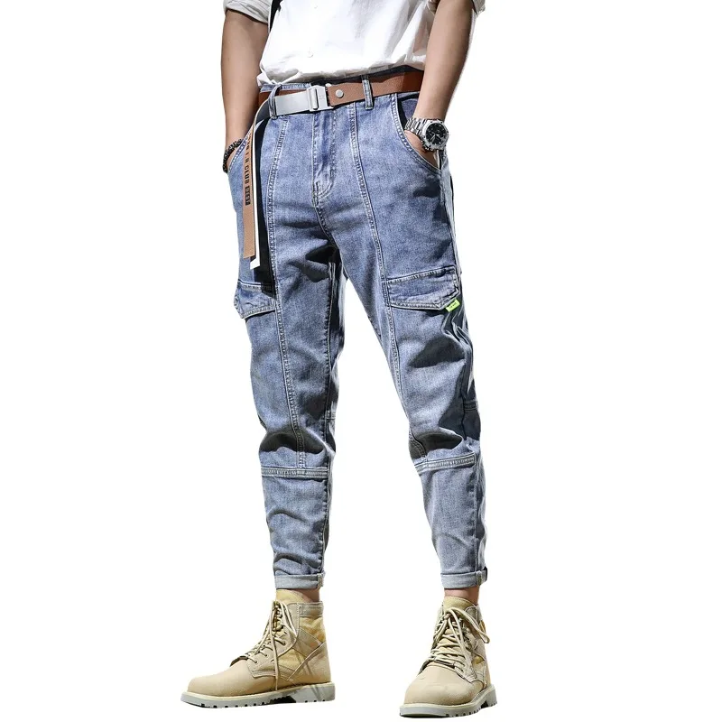 Summer Men Jeans Cargo Pants Streetwear Casual Light Blue Patchwork Jean Mens Clothing Denim Trousers ropa pantalones hombre
