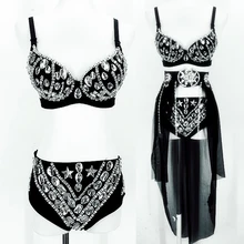 Новинка, костюм для ночного клуба, бара, DJ, женский, певец, джаз, танец, сексуальный, черные стразы, бикини, со шлейфом, костюм из трех частей, DL5140