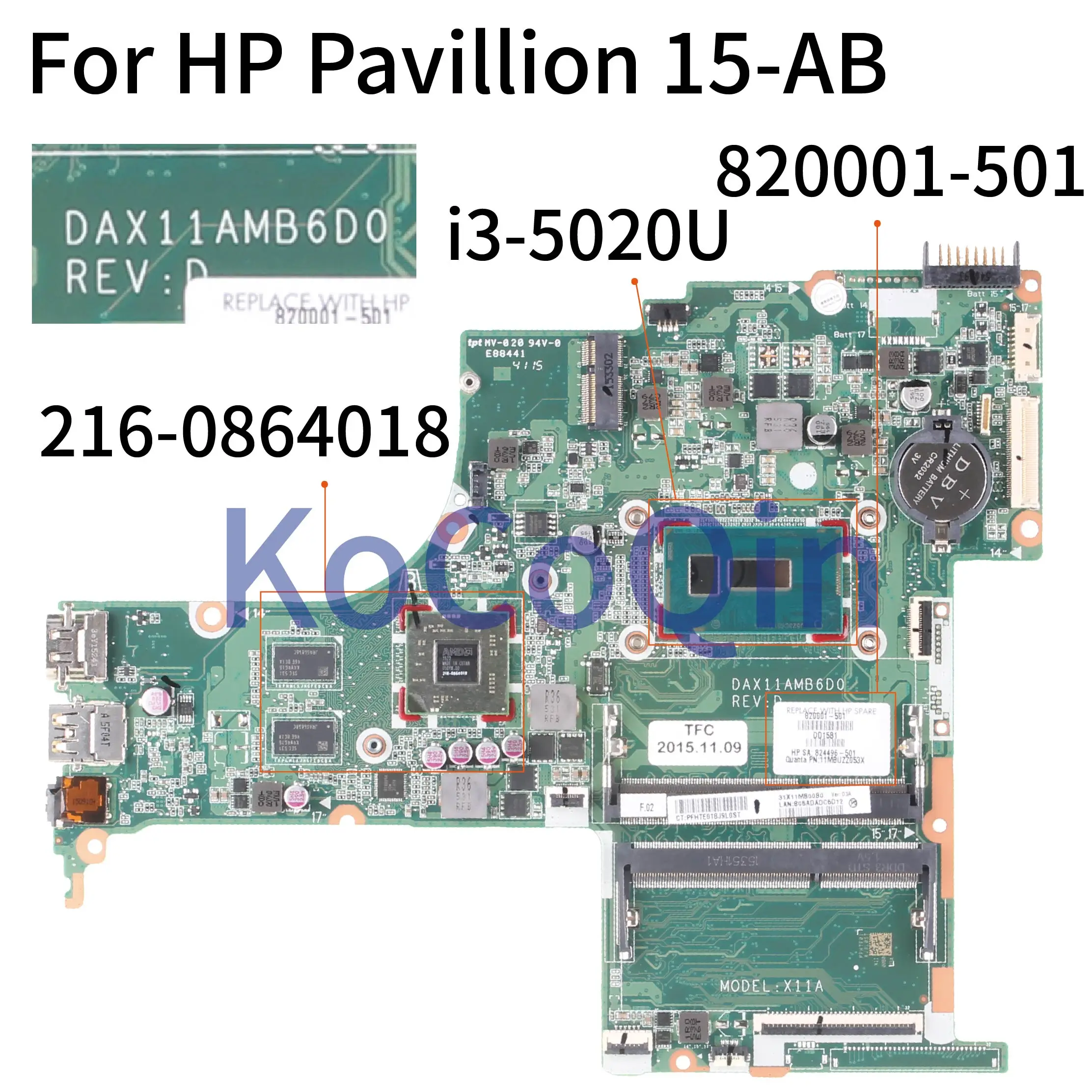 discounted  KoCoQin Laptop motherboard For HP Pavilion 15-AB 15T-AB I3-5020U SR240 Mainboard DAX11AMB6D0 820001
