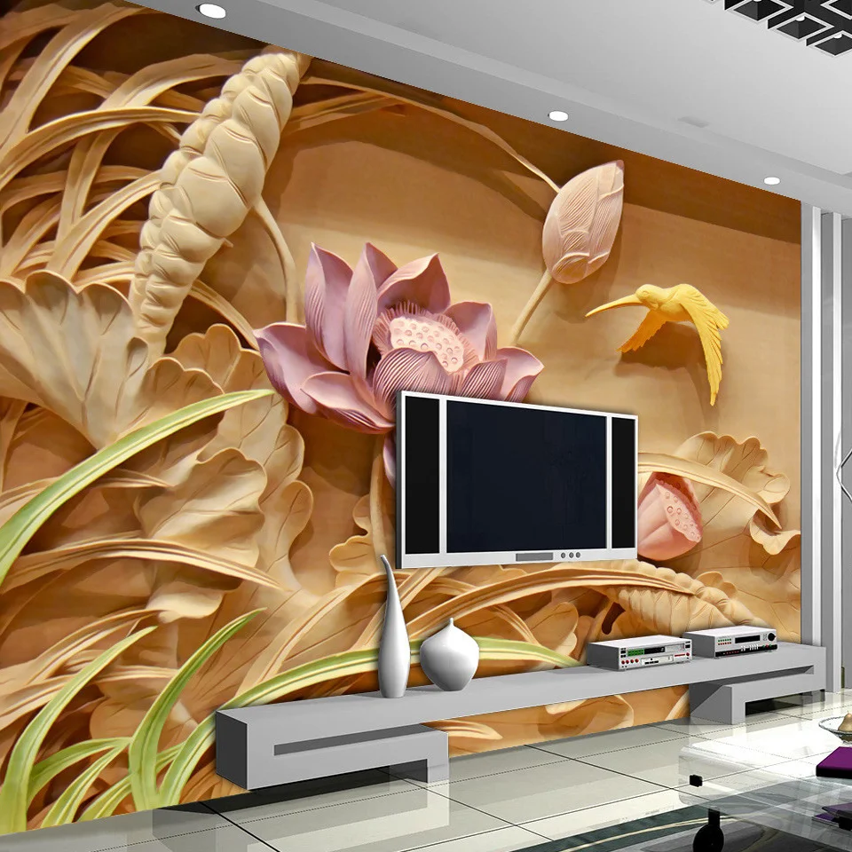 

Drop Shipping Custom 3D Printing Imitation Wood Carving Lotus Mural Chinese Style 3D Large Murals Backdrop Wall Art Wallpaper