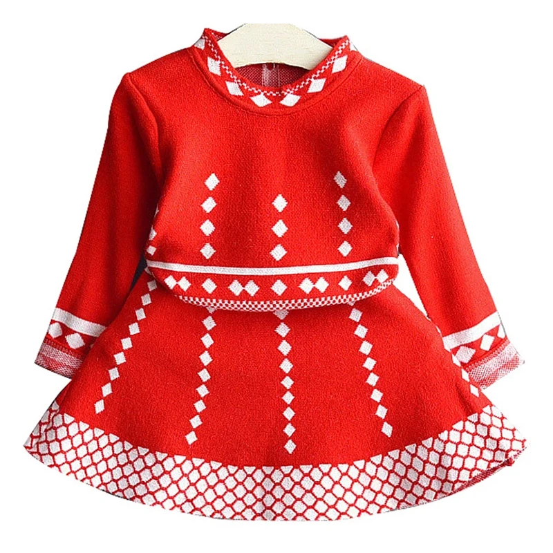 Girls Autumn Winter Sweater Dresses Long Sleeve Red Knit Birthday Party Dress Children's
