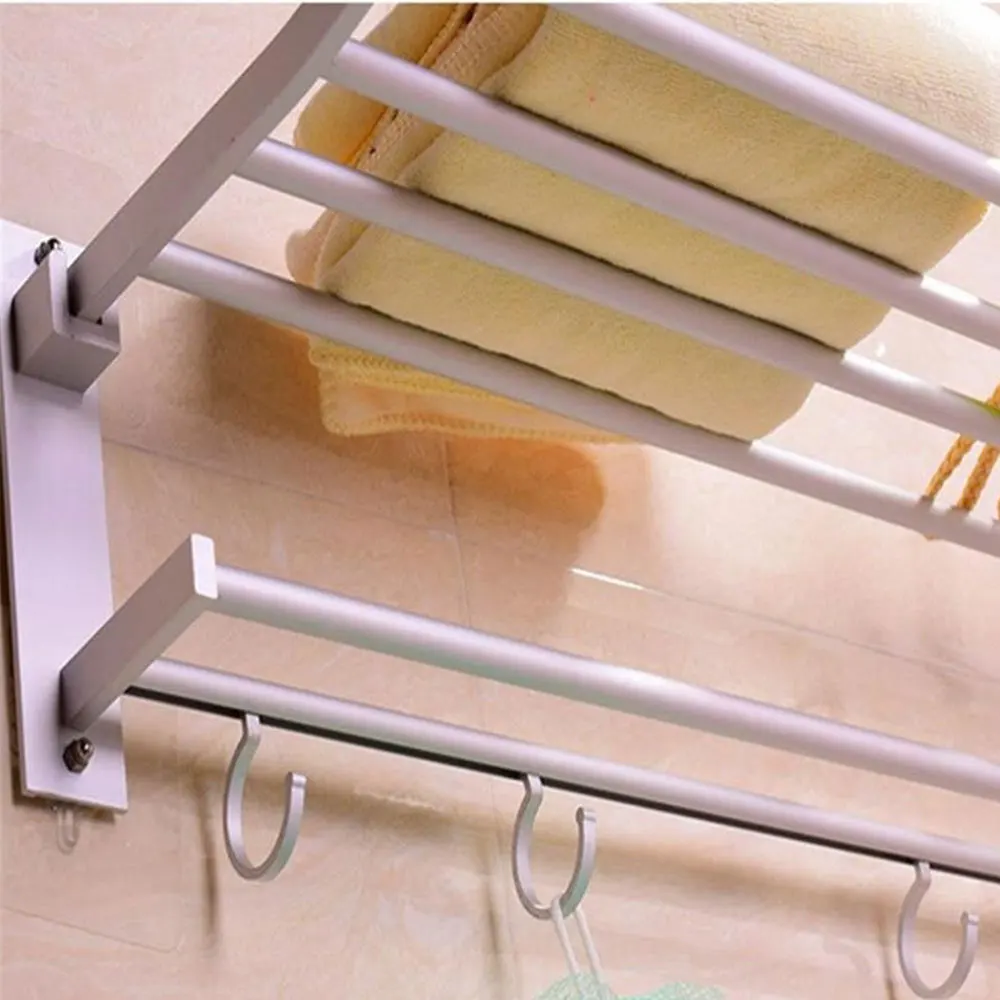 Home Decor Hook Double-Layer Punching Aluminum Double Towel Rack Towel Bar Towel Rack Multifunctional 5 Hooks Commodity Shelf