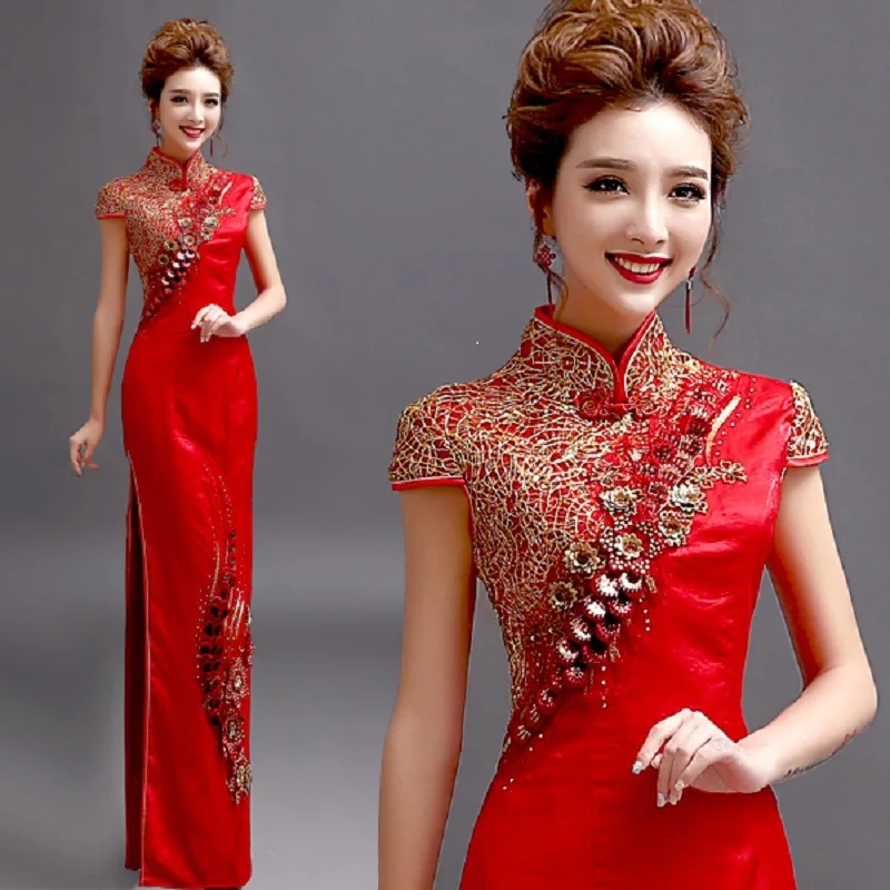 

Vintage Chinese Style Cheongsam Wedding Dress Womens Long Gown Qipao Party Evening Dress Retro Clothes Vestido