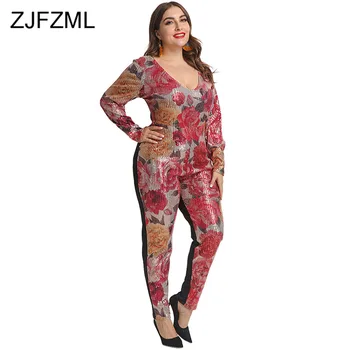 

Sequined Floral Fashion Slim Fit Jumpsuits Women V Neck Long Sleeve Club Party Playsuit Sexy Patchwork Zipper Plus Size Overall