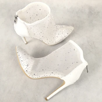 

Womens Ankle Boots Pointed Toe High Heels Crystal Mesh Booties Ladies Autumn Spring Short Boots White Back Zipper Aimirlly