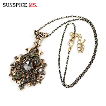 

Sunspicems Vintage Grey Crystal Necklace For Women Turkish Antique Gold Color Pendant Necklace Ethnic Wedding Jewelry Gift