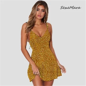 

Summer Casual Sexy Women Mini Dress 2020 Fashion Backless Spaghetti Straps Dot Slim Dress
