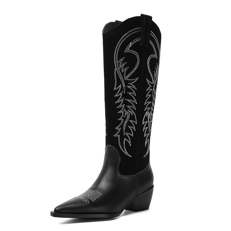Новые женские ботинки ковбойские сапоги Вестерн для женщин с острым носком женские ковбойские ботинки сапоги до колена на квадратном каблуке Женская обувь в стиле ретро