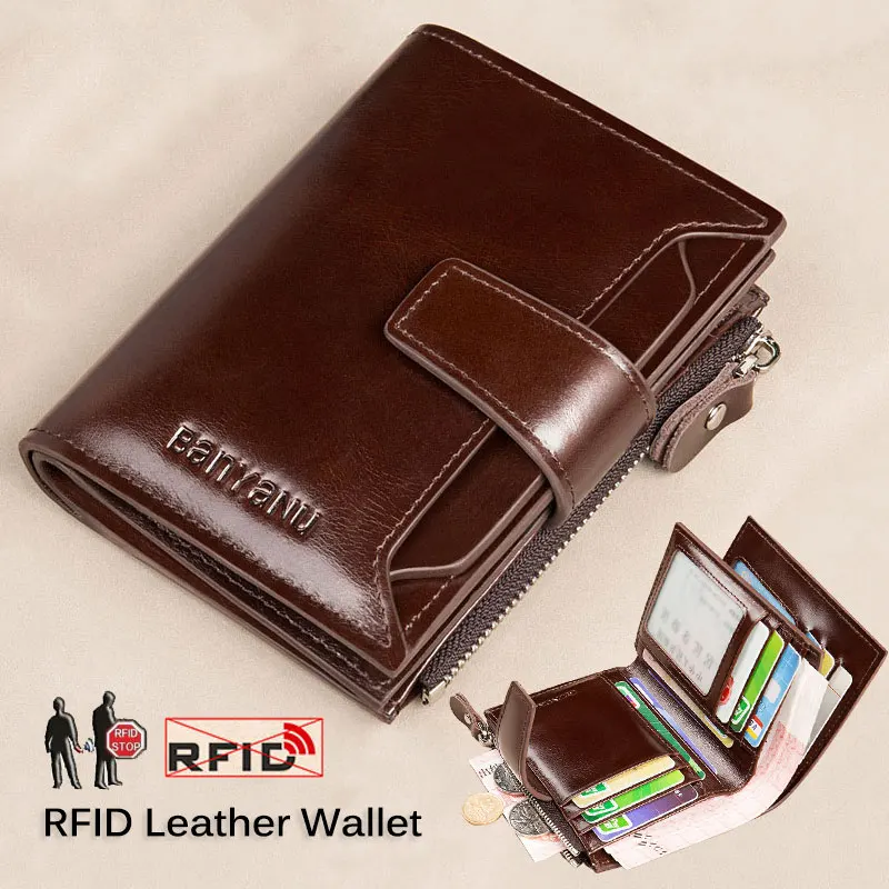 Men's Leather Trifold Short Wallet RFID Blocking Credit Card Holder Coin Zipper Pocket