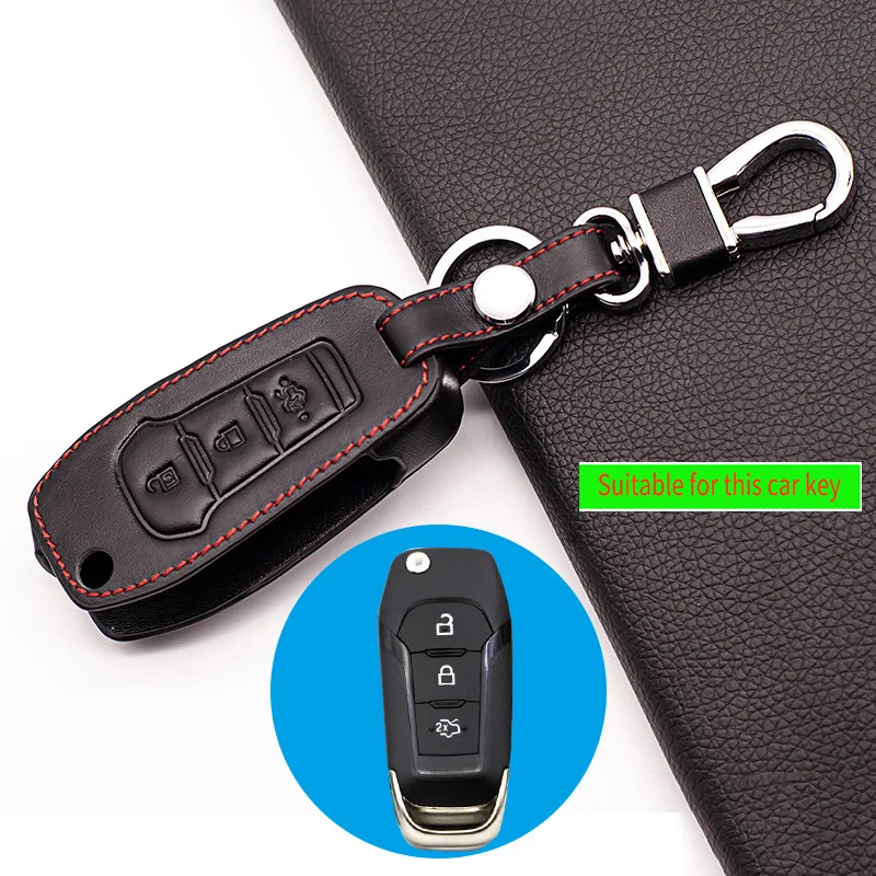 

Genuine leather key chain ring cover case holder For Ford Mustang,EDGE,Mondeo high quality 3 buttons car key case protect shell