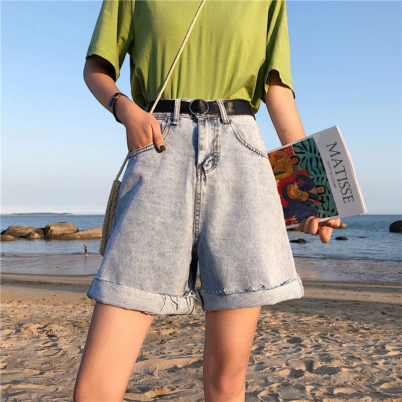 Streetwear High Waist Wide Leg Denim Shorts Lady Women Roll Up Hem Harajuku Jean Shorts Women Summer Women Loose Short Shorts