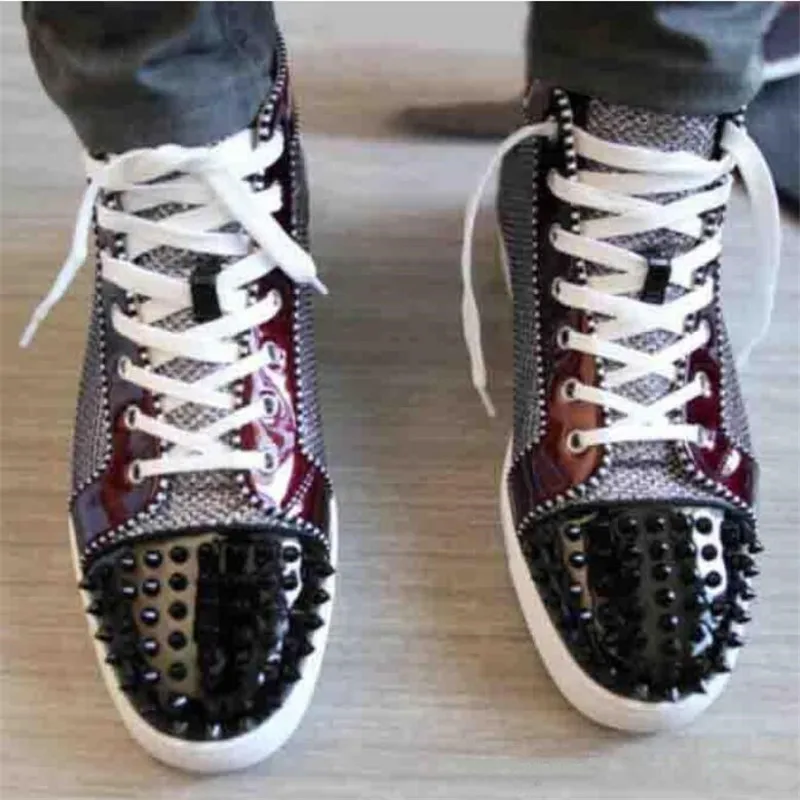 

Red bottom Men Red Bottom Shoes Designer High Cut SPIKES ORLATO SNEAKERS TRAINERS Glitter Leather Party Dress Shoes35-46