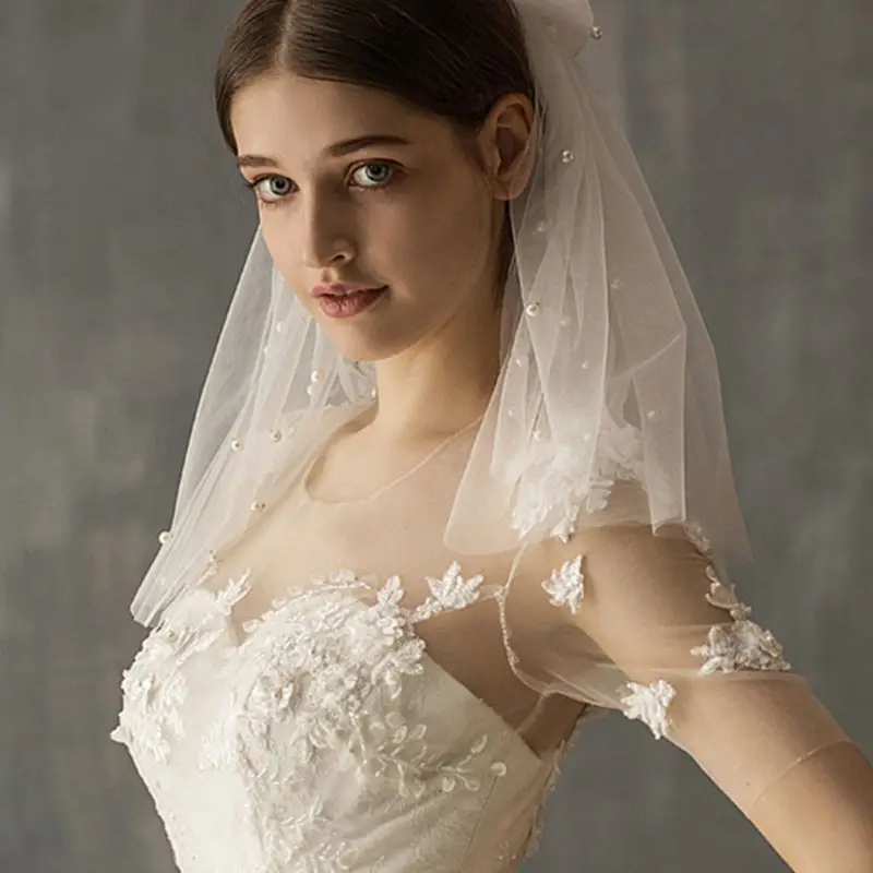 2 уровня, женская короткая свадебная вуаль с бантом, расческа, имитация жемчуга, расшитая бисером, Плиссированные Свадебные аксессуары для волос