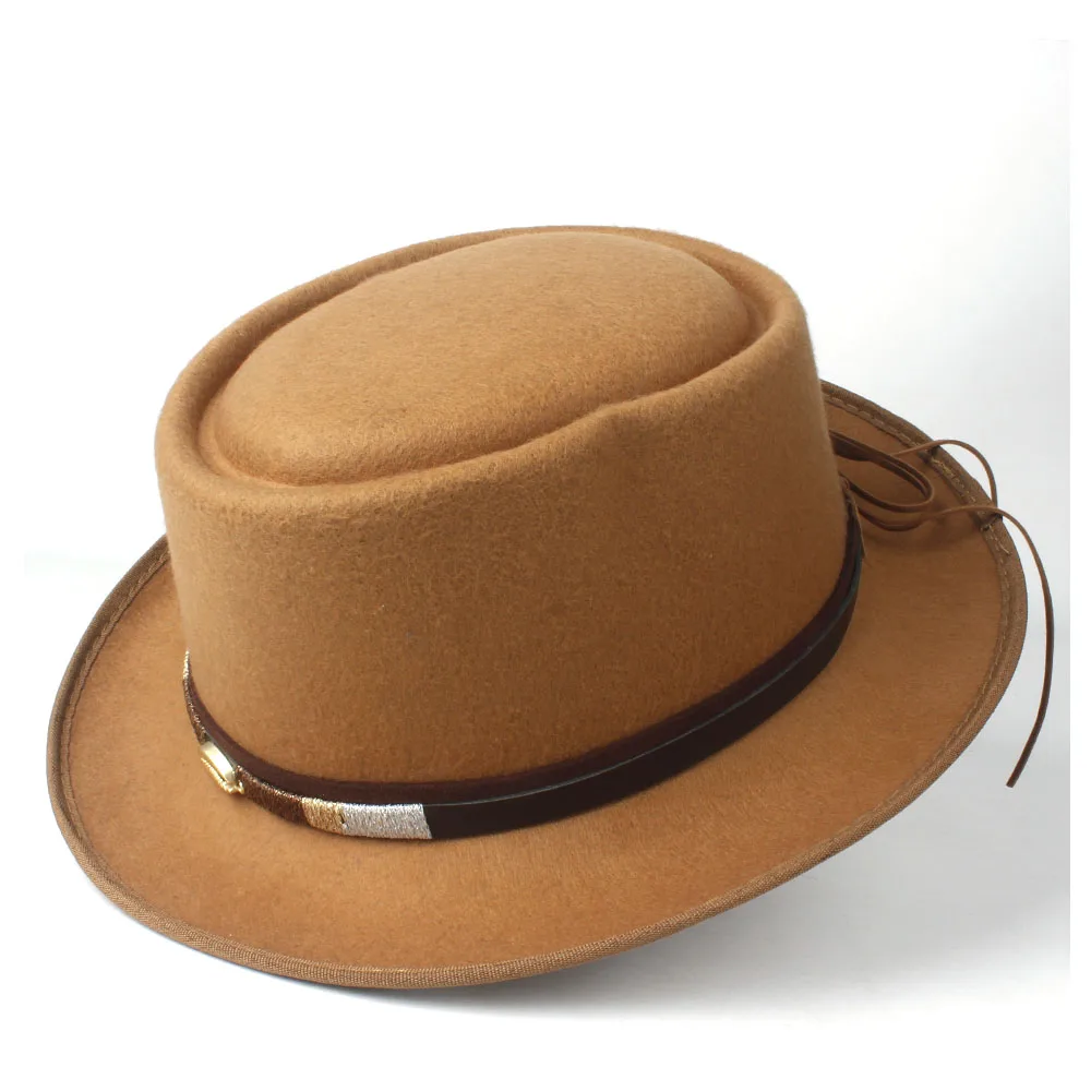 Unisex Men Women Pork Pie Hat With Belt Retro Trilby Hat Tea Party Hat Outdoor Casual Wool Flat Fedora Jazz Hat Size 58CM
