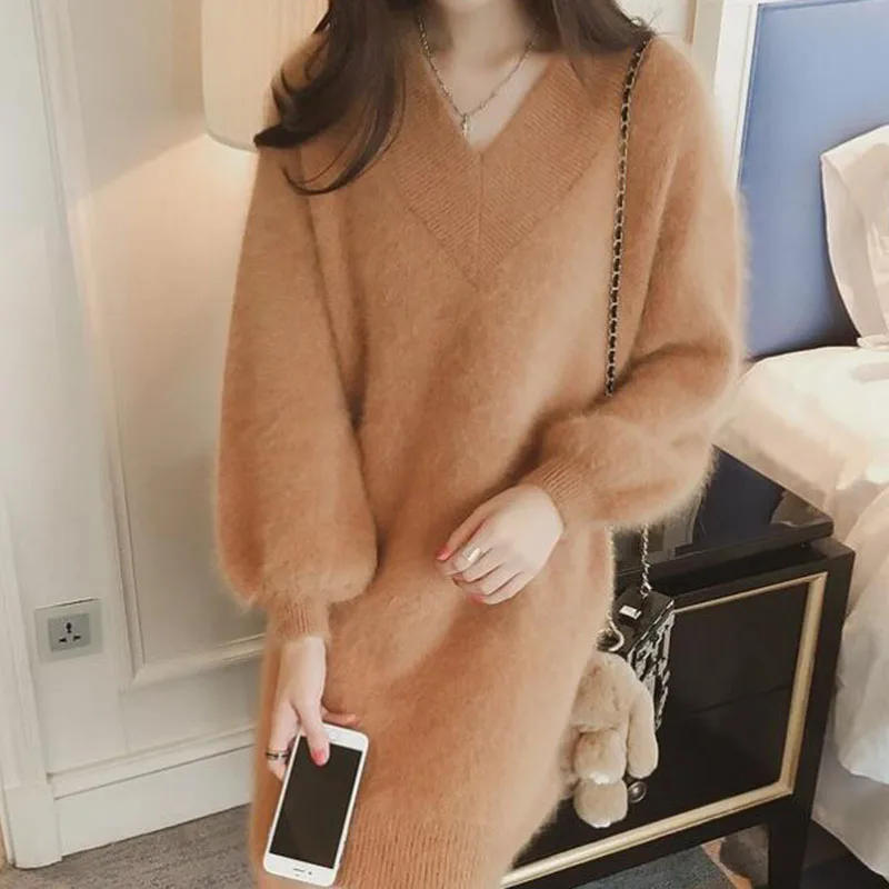 Spring New pullover High-end Elegant Knit sweater V Neck Long Sleeve Sweater Loose Dress coat Puff sleeve s403