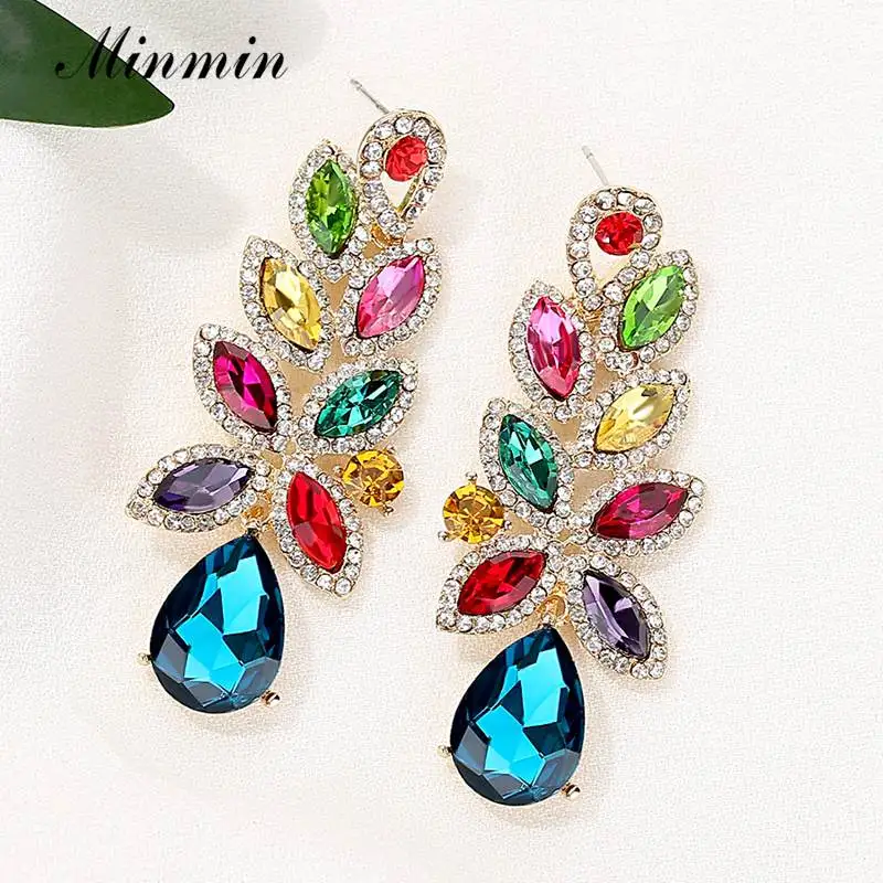 

Minmin Luxury Sparkling Crystal Long Drop Earrings Bridal Cute Leaf Shape Teardrop Dangle Earrings Wedding Party Jewelry EH1585