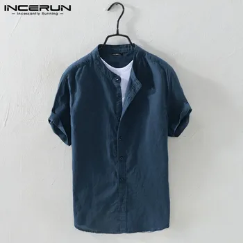

Men Shirt Cotton Stand Collar Short Sleeve Harajuku Solid Camisa Tops Streetwear Casual Breathable Men Brand Shirts INCERUN 2020