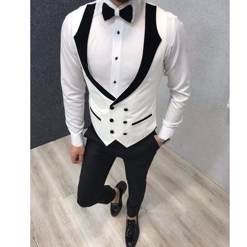 White Double Breasted Fashion Wedding Vests Men's Waistcoat Slim Fit Groom Vests Business Suit Vest Mens Vest Formal Party Vest 2
