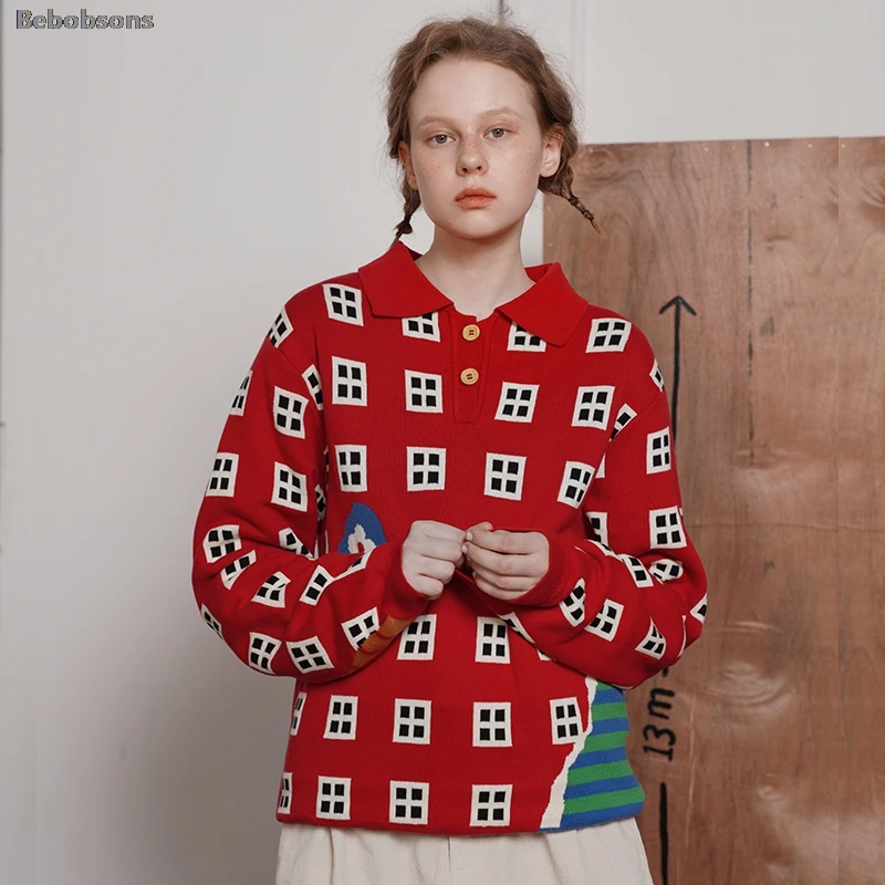 

Autumn Original Design Loose Window Pattern Women Winter Sweater Thick Pullover Knitwear Long Sleeve Turn Down Collar Red Tops