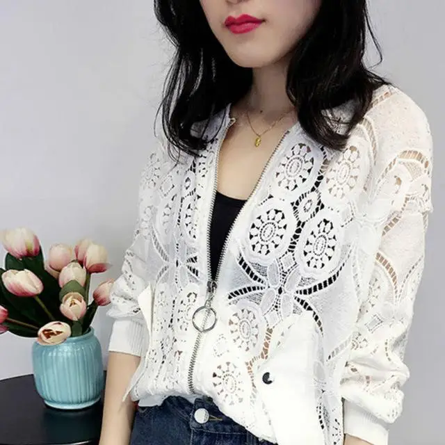 white coat Женские повседневные куртки-бомберы, Женская кружевная куртка с цветочным принтом, Базовая куртка с длинным рукавом, Женская открытая Солнцезащитная куртка - Цвет: white coat
