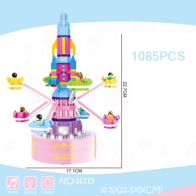 

Funny amusement park music box micro diamond building block with light Rotary aircraft brick toy collection for gifts
