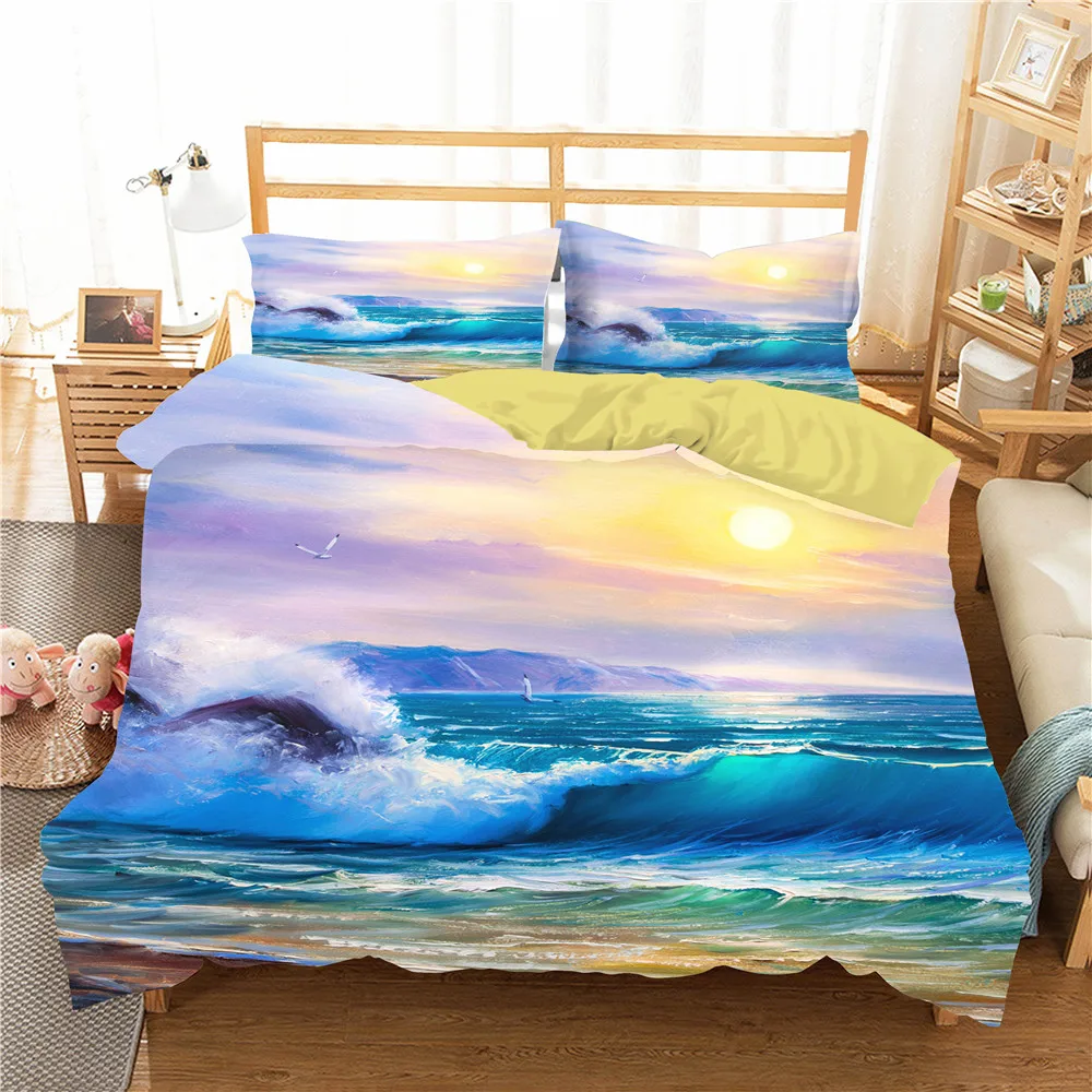 

Set of Bed Linen 3D Ocean Waves Oil Painting Home Textile with Pillowcase Duvet Cover Bedroom Clothes