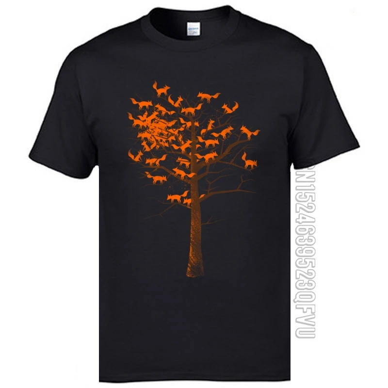 

Artistic Watercolor Drawing Tshirts Autumn Blazing Fox Tree Picture Men's Short Sleeve 2019 New Coming Pure Cotton Fashion Tees