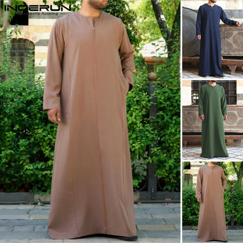 

INCERUN Men Solid Color Jubba Thobe Muslim Islamic Kaftan Long Sleeve Robes V Neck Dubai Saudi Arabia Abaya Men Clothing 2019