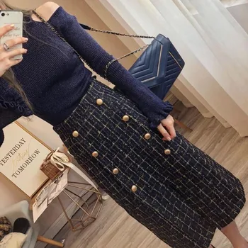 

Vintage Sexy Off The Shouler Flares Sleeves Knitted Top High Waist Doubule Breasted Medium Length Skirts Womens 2Pcs Outfits