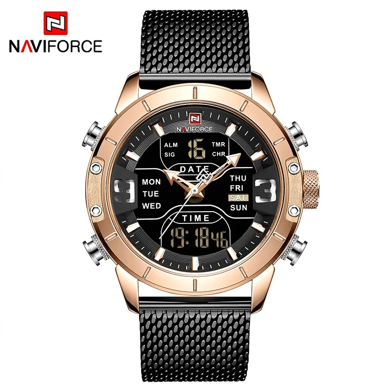 

Naviforce Xiang 9153 Dual Display Mesh Belt Fashion Alarm Clock Calendar Business Quartz Electronic MEN'S Watch