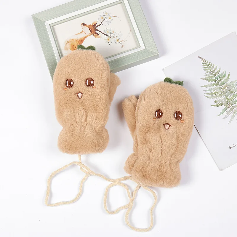Cute Plush Winter Baby Gloves Kids Boys Girls Gloves Thick Warm Rope Full Finger Mittens Fashion Soft Children Gloves 5-8T