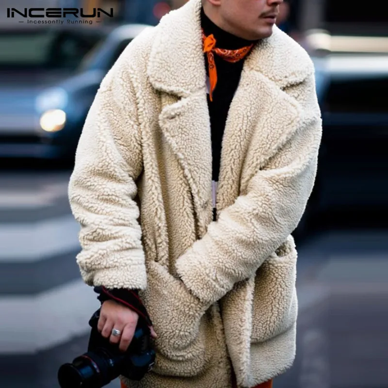 INCERUN Fashion Faux Fleece Men Jackets Solid Outerwear Plush Pockets Long Sleeve Fluffy Overcoat Streetwear Men Coats S-5XL INCERUN Fashion Faux Fleece Men Jackets Solid Outerwear Plush Pockets Long Sleeve Fluffy Overcoat Streetwear Men Coats S-5XL
