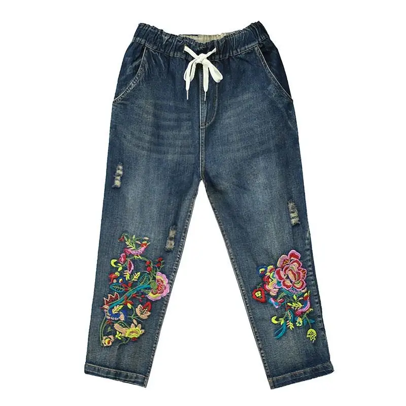 2019 осенние Винтажные эластичные джинсы с высокой талией, с вышивкой, со шнуровкой, рваные джинсы в мужском стиле, женские прямые джинсовые