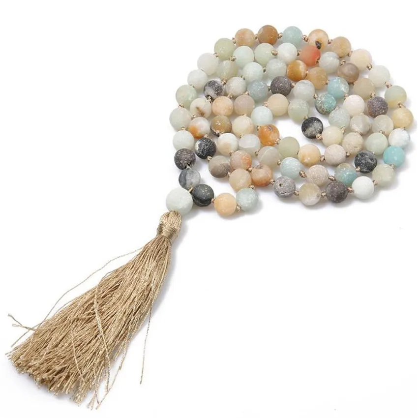 8mm Frosted Amazonite 108 Buddha Beads Tassels Necklace Lucky pray mala Healing Unisex chain MONK Buddhism cuff Chakas natural