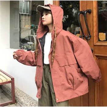 

Women Hooded Bomber Jacket Solid Unisex Loose Coat Jacket Bf Style Female Basic Coats Streetwear