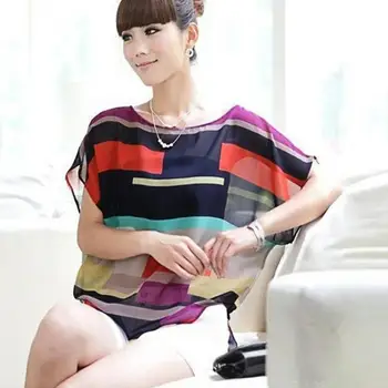

Short Batwing Sleeve Stripes Splicing O-neck Blouse Women Summer Multicolor Chiffon Loose Tops Micro Perspective Inelastic Shirt