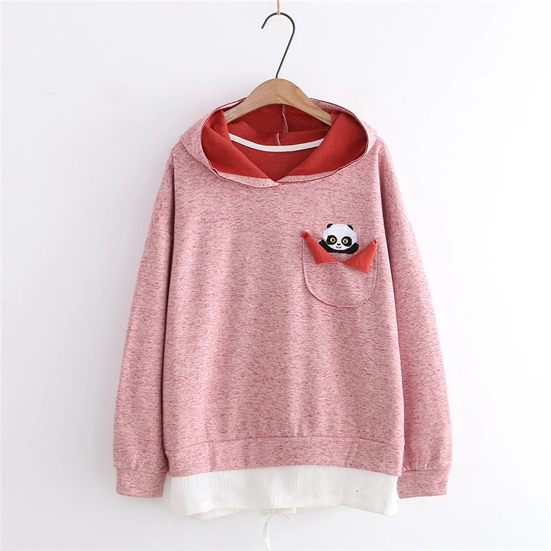 Merry Pretty Harajuku женский мультфильм панда Вышивка Карманы толстовки с капюшоном зима длинный рукав Лоскутные толстовки