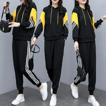 

Spring 2020 new large size women's loose casual hooded long sleeve sweatshirt and long pant fashion tracksuit plus size