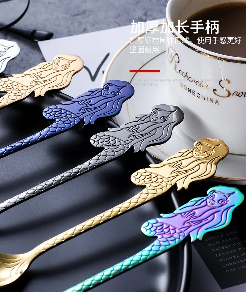 Coffee Spoon Stainless Steel Hanging Spoon Mermaid Cartoon Spoon Sub-304 Stainless Steel Hanging Stirring Spoon Cross Border