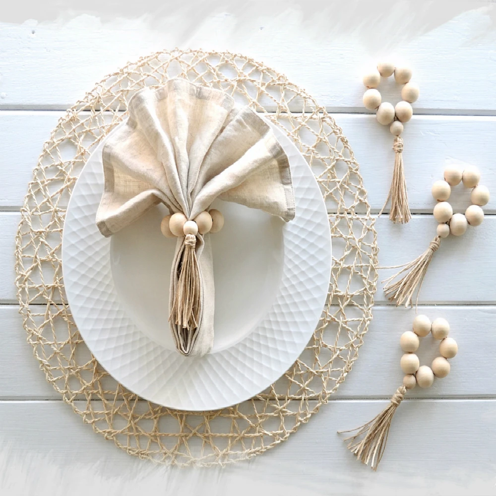 4Pcs Napkin Rings Wooden Bead Serviette Buckle Holder Wedding Dinner Table Decor