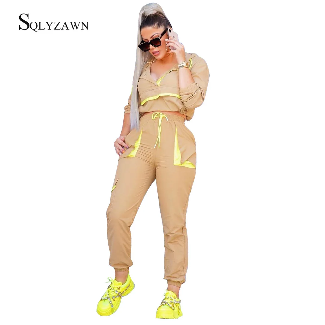 

Color Contrast 2 Piece Tracksuit Active Set Casual Women Sportwear Outfit 2019 Autum Zip Crop Top +Pants SweatSuit Matching Sets