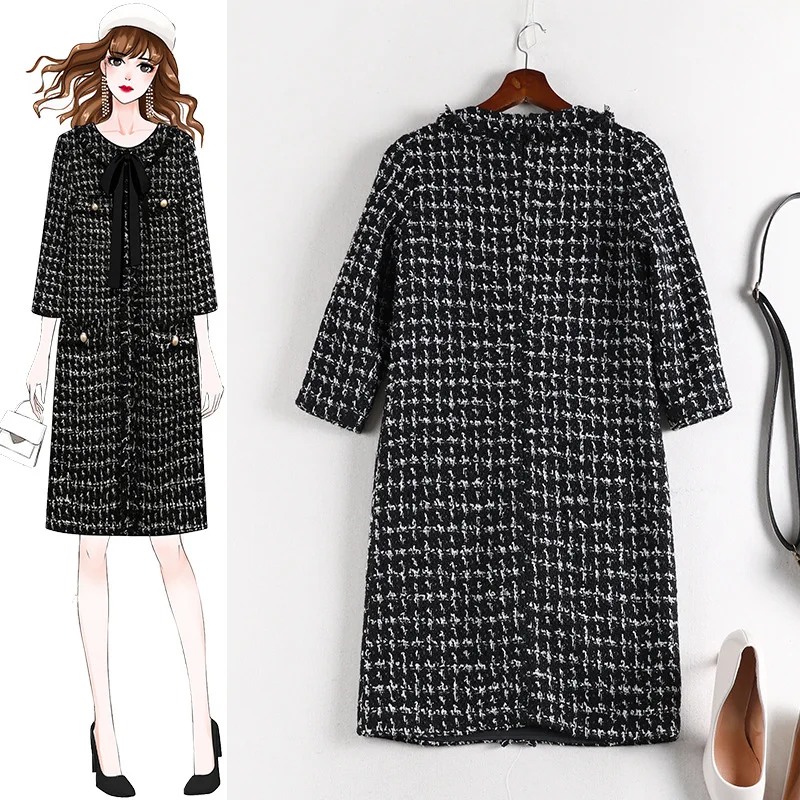 autumn winter women plaid knitted plus size tweed dresses buttonsbow tassel 3/4 sleeve dress 4XL 5XL apricot y489