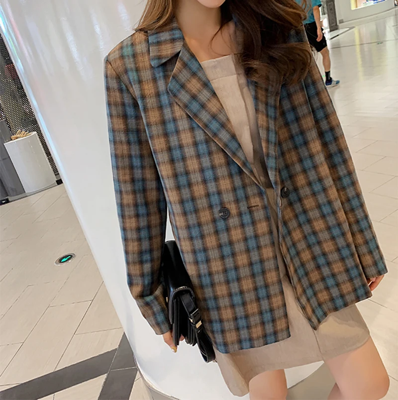 Vintage Loose Women Plaid Blazer Double-breasted Full Sleeve Grid Female Jacket Retro Jacket Women Suits Outerwear Autumn