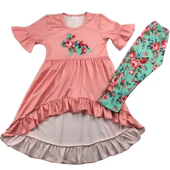 

Little girl boutique embroidered bunny bell ruffles hi-low sets casual girls kids wearing top quality outfit