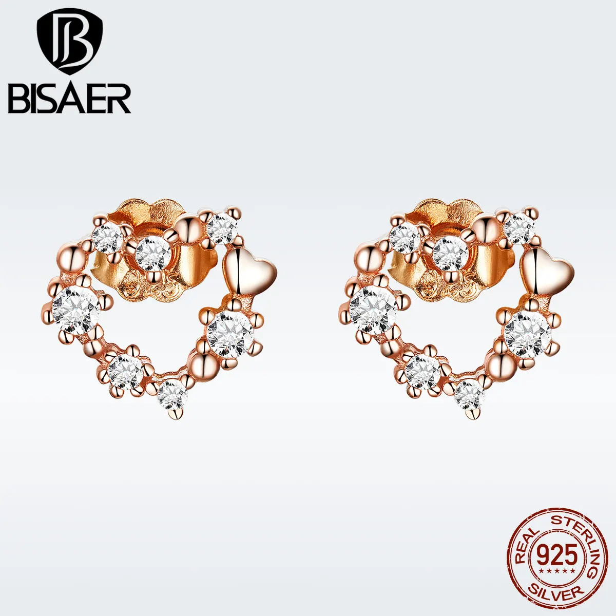 BISAER 925 пробы Sivler розовое золото цвет сердце маленькие нежные серьги гвоздики для женщин кубический цирконий модные ювелирные изделия GXE575