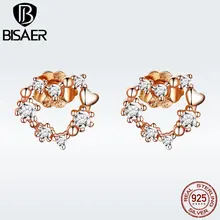 BISAER 925 пробы Sivler розовое золото цвет сердце маленькие нежные серьги гвоздики для женщин кубический цирконий модные ювелирные изделия GXE575